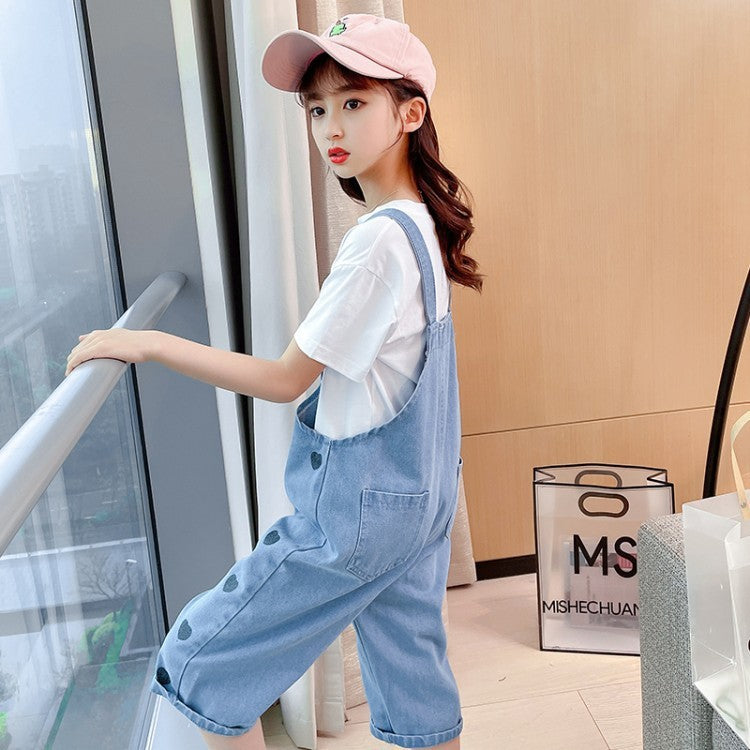 New Trendy White Cotton T Shirt Denim Bib Suit Cotton Girls Two Piece Clothing