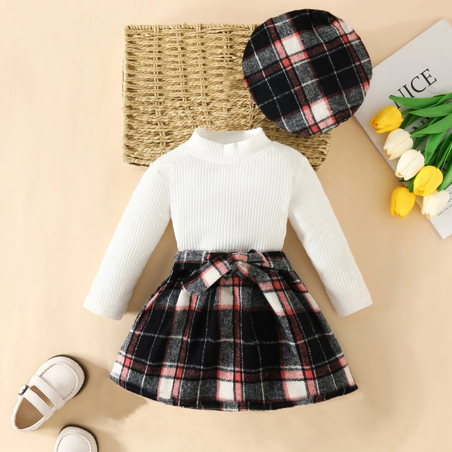 Baby Girls Clothes Sets Knit Long Sleeve Tops Plaid Skrits Hat Fall Spring Outfits
