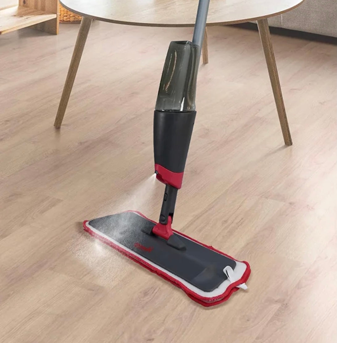Spray mop with washable microfiber pads.
