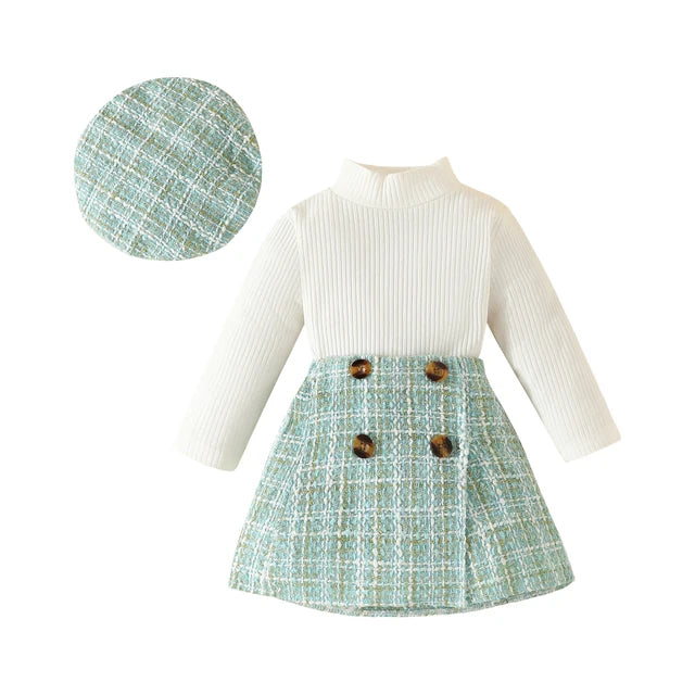 Baby Girls Clothes Sets Knit Long Sleeve Tops Plaid Skrits Hat Fall Spring Outfits