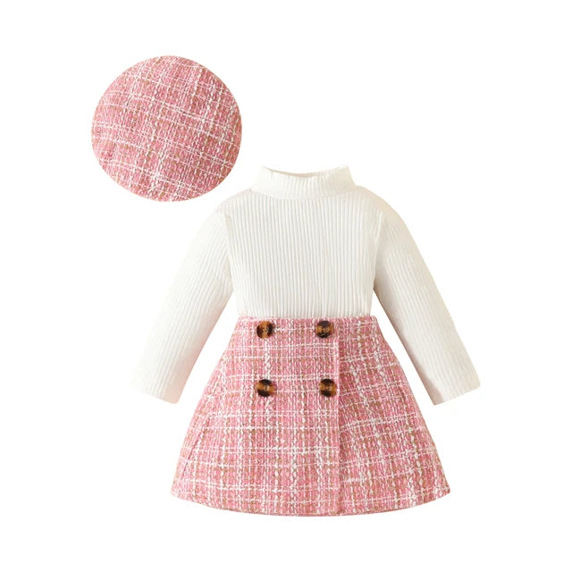 Baby Girls Clothes Sets Knit Long Sleeve Tops Plaid Skrits Hat Fall Spring Outfits