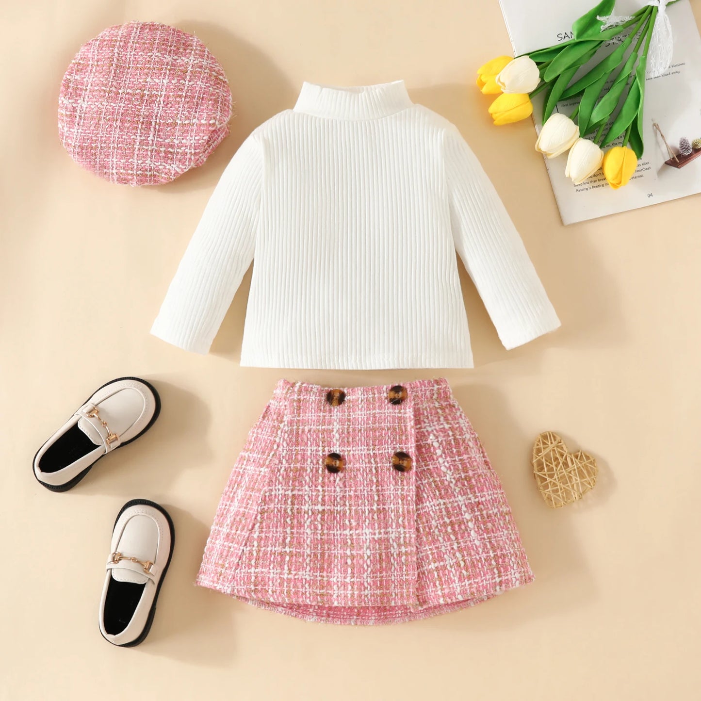 Baby Girls Clothes Sets Knit Long Sleeve Tops Plaid Skrits Hat Fall Spring Outfits