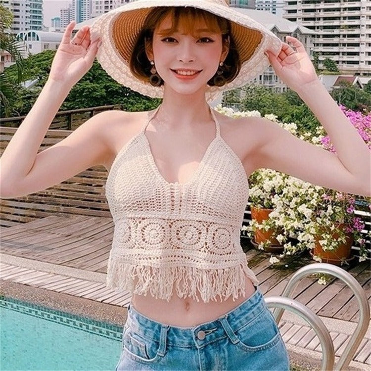 Hanging Neck Small Tank Top with Inner Strap and Chest Pad Open Back Hollow Bra Embroidered Tank Top Women's Short Top