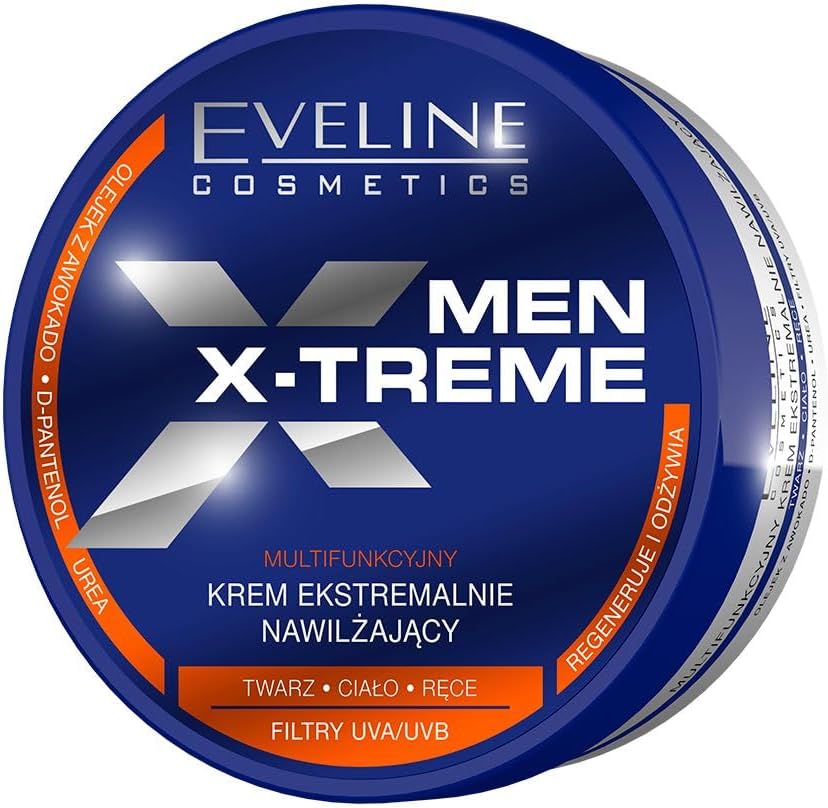 Eveline Cosmetics Men X-Treme Multifunction Extremely Moisturizing Cream | Ideal for Face, Body & Hands | With UVA/UVB Filters | Infused with Avacado Oil, D-Panthenol and Urea | UVA/UVB Filter | 200ml
