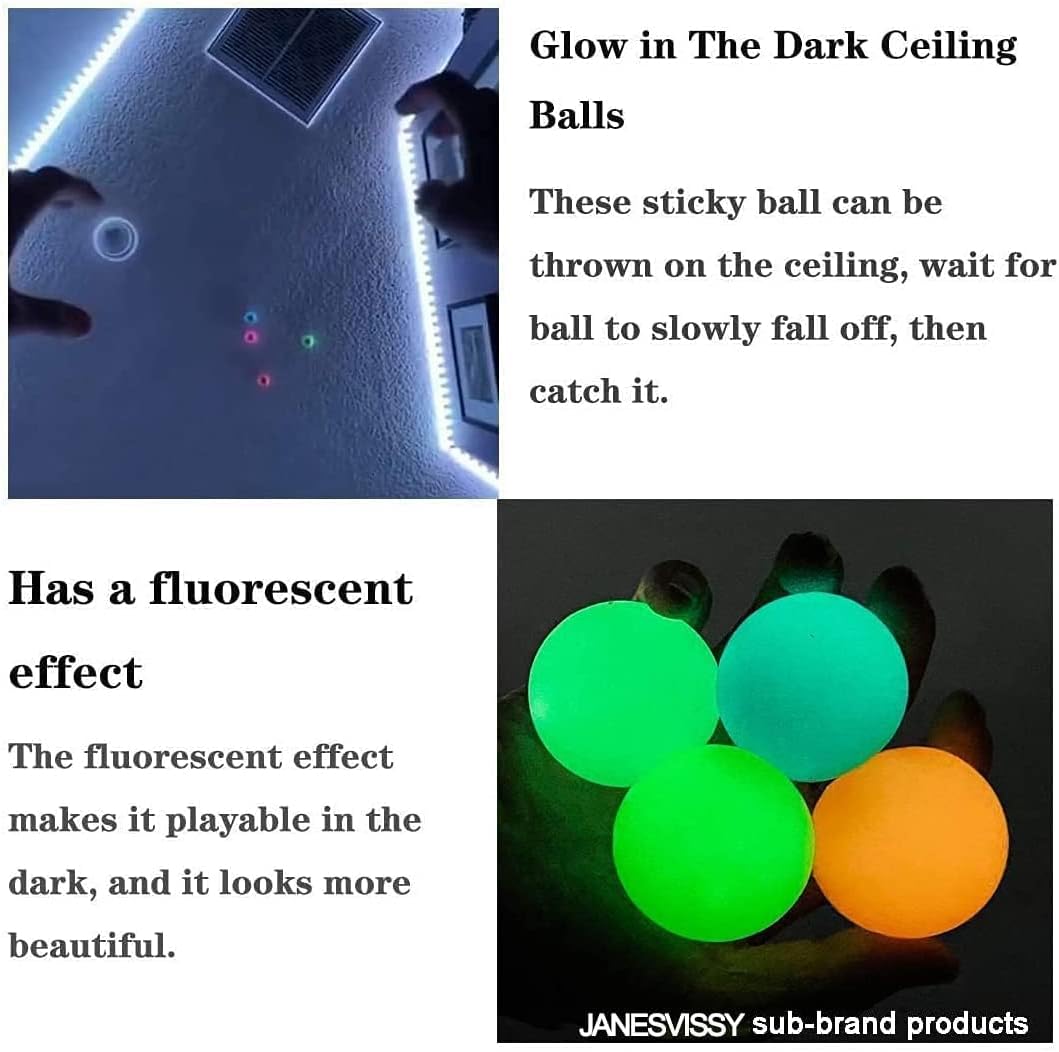 Luminous Sticky Balls, 4Pcs Stress Relief Glowing Balls, Ceiling Balls Glow in The Dark, Stress Balls for Kids and Adults, Sticky Balls, to The Wall and Roof, Party Favors, Party Supplies for Relax