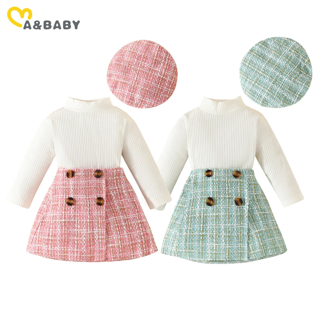 Baby Girls Clothes Sets Knit Long Sleeve Tops Plaid Skrits Hat Fall Spring Outfits