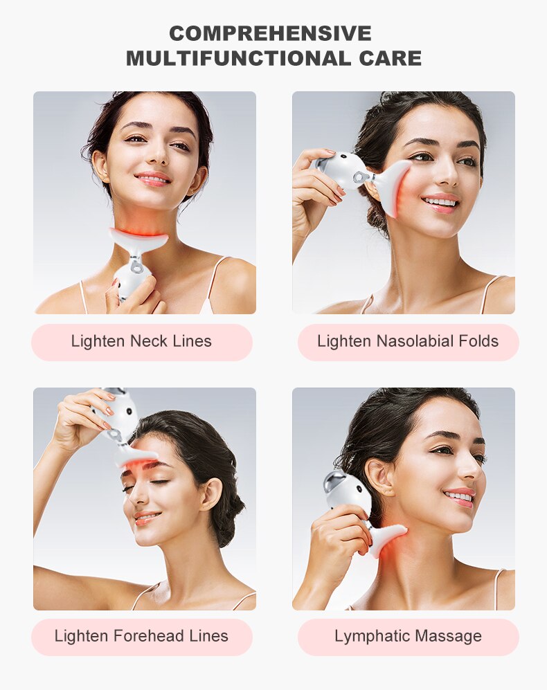 AmazeFan 3 Colors Led Facial Neck Massager PhotonTherapy Heating Face Neck Wrinkle Removal Machine Reduce Double Chin Skin Lift