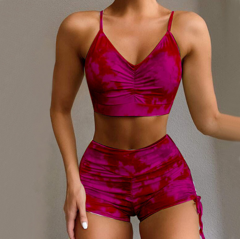 Swimsuit Ladies Sexy Tie-dye Print Suspenders Conservative Split Swimsuit + High Waist Shorts Swim Trunks Maillot De Bain Hot