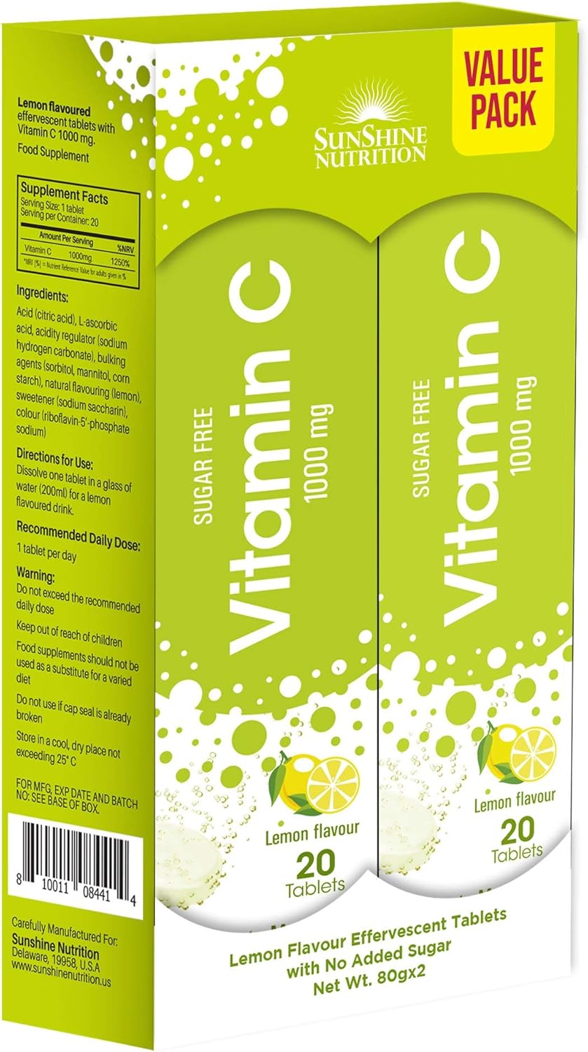 Sunshine Nutrition Vitamin C 1000Mg, (2X20 Tablets) | Effervescent Tablets Value Pack | No Added Sugar | Lemon Flavor