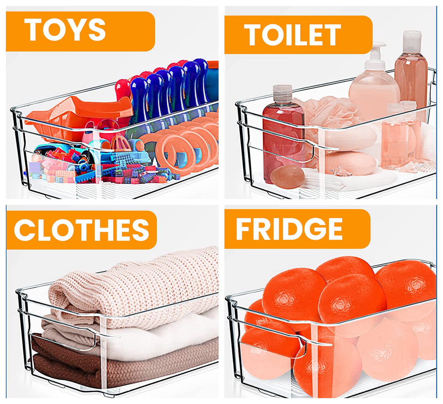 Genr 4pcs Refrigerator Organizer Bins (Large) - Food Storage Clear Bins With Handles - Clear Fridge Storage Bins For Fruit And Vegetable Storage, Freezer, Cabinet Kitchen Organizer تخزين منظم