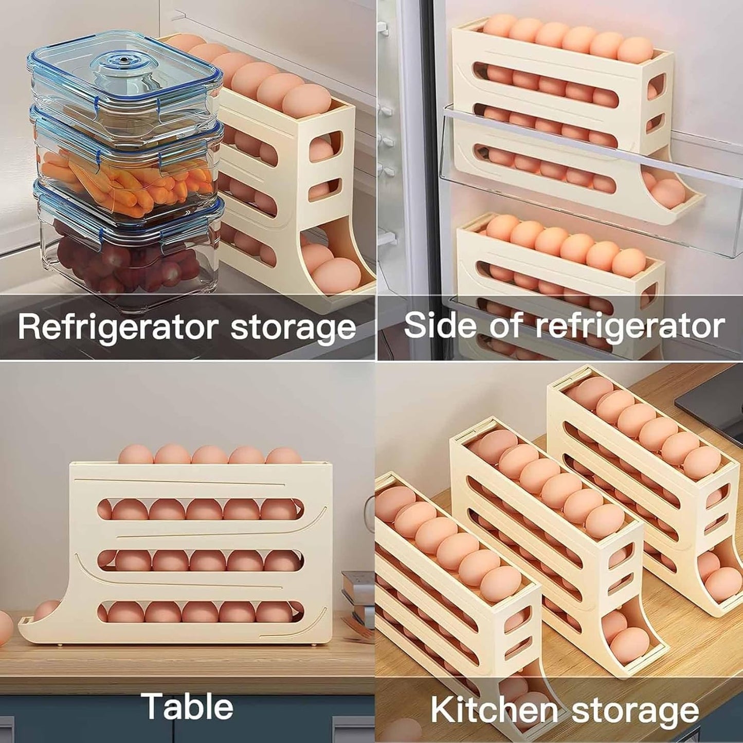 NIOIPXA Space-Saving 4-Tier Egg Holder for Fridge - Auto Rolling Egg Dispenser and Organizer for Refrigerator,Storage 30 Egg (1-Pack,Clear)