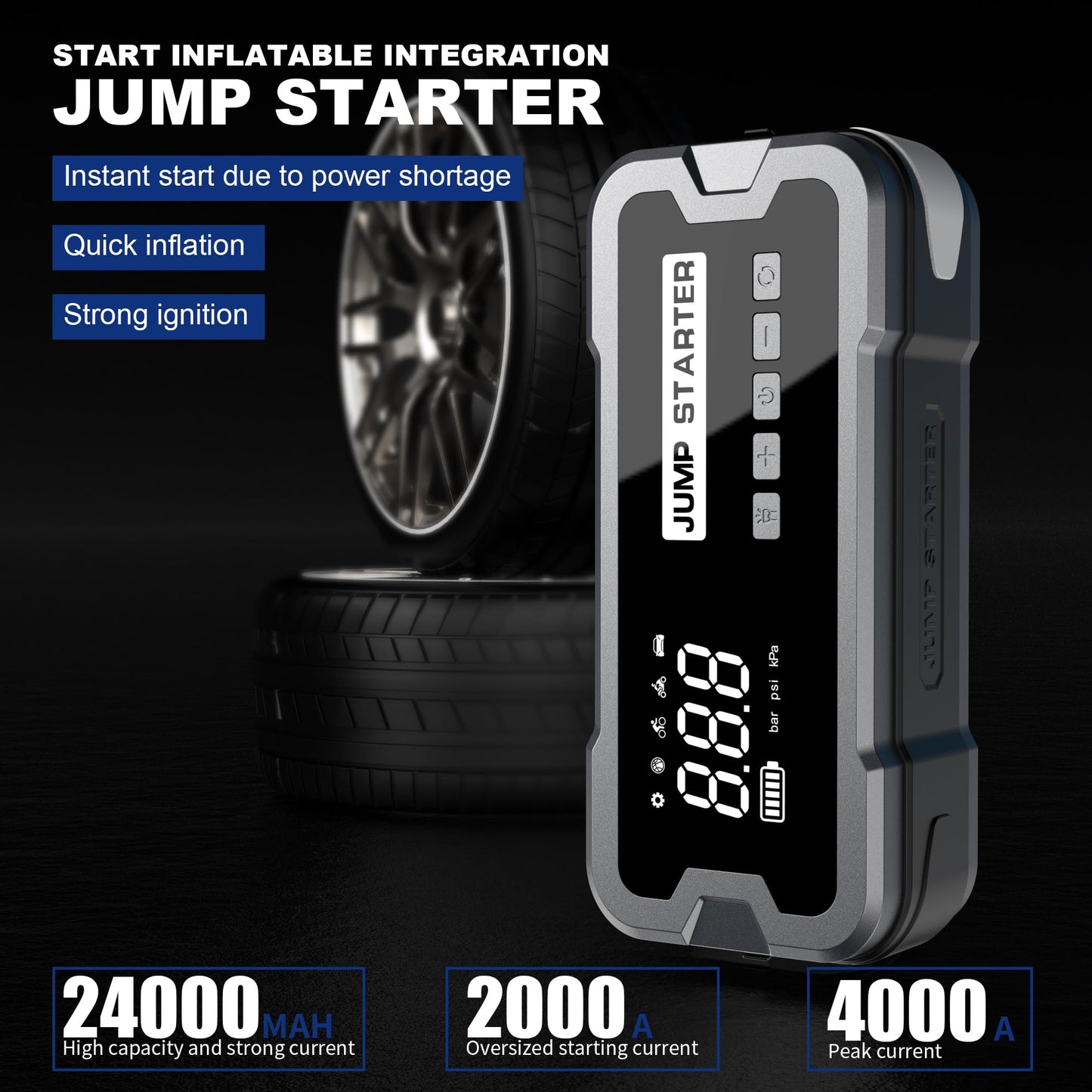 Generic Portable Car Jump Starter with Air Compressor, 4000A Peak Jump Starter Battery Pack (6.0 Gas/3.0L Diesel), Safe Car 12V Emergency Auto Jumper Box with Display, Emergency Light,USB Port