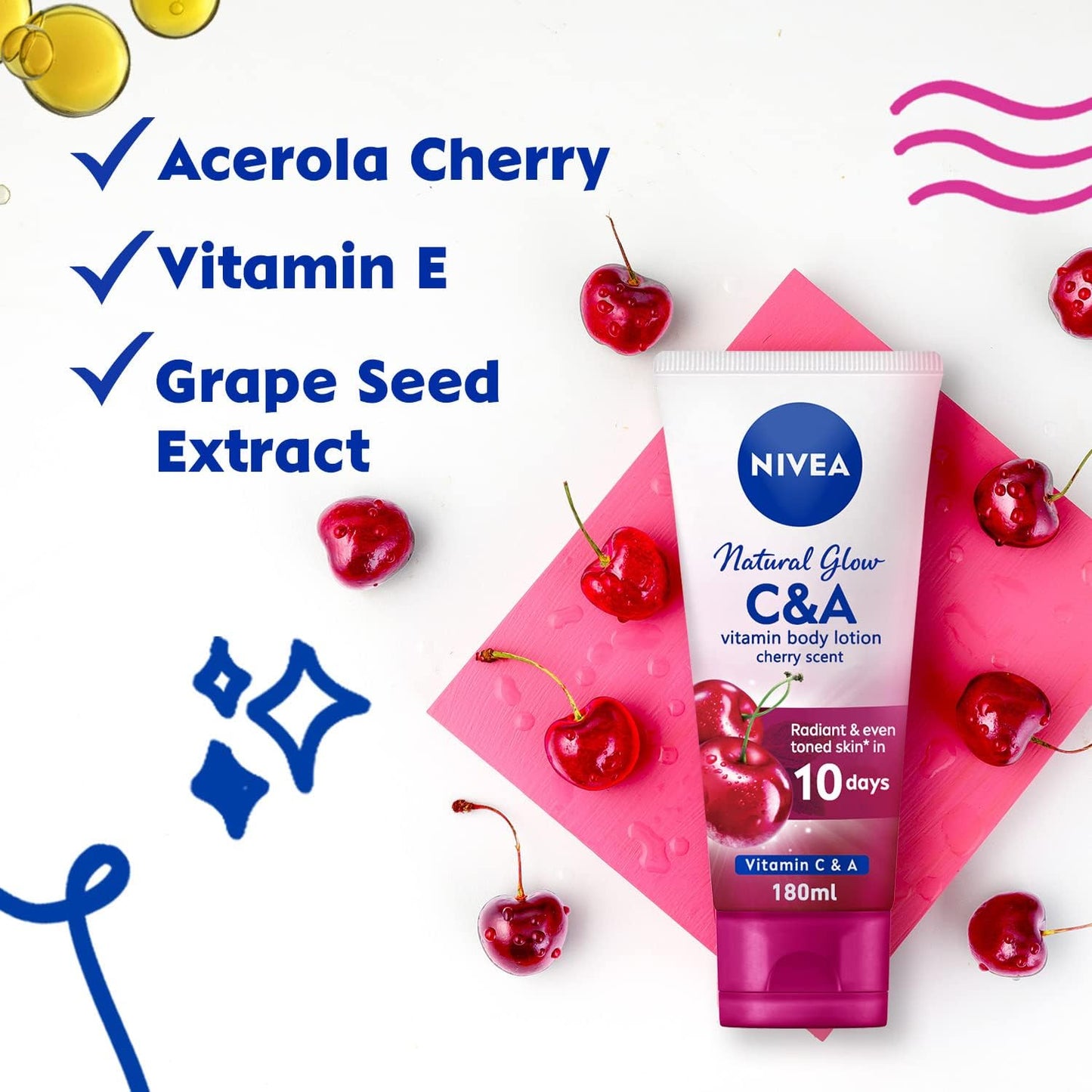 NIVEA Body Lotion Vitamin C & A, Natural Glow Cherry Scent, 180ml