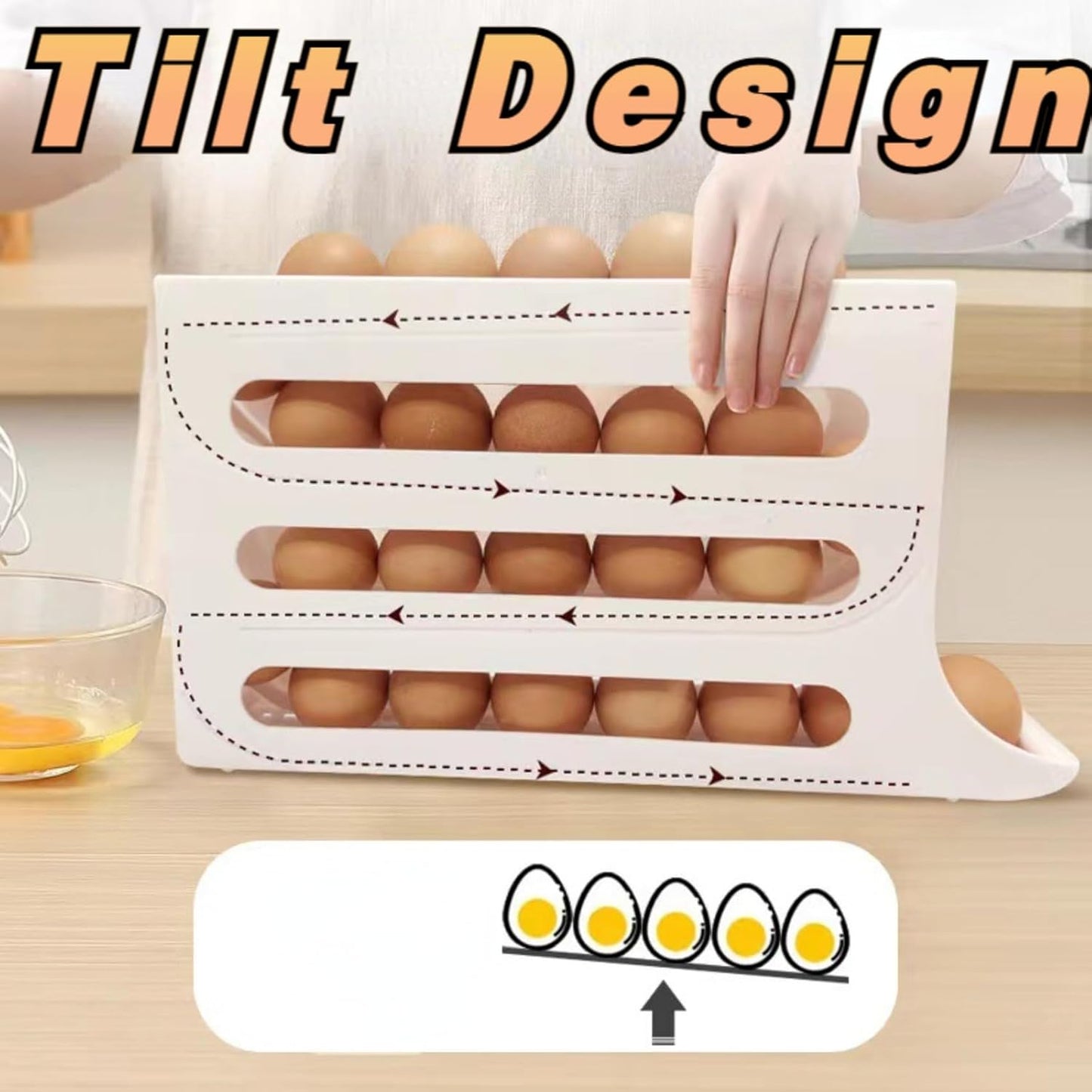 NIOIPXA Space-Saving 4-Tier Egg Holder for Fridge - Auto Rolling Egg Dispenser and Organizer for Refrigerator,Storage 30 Egg (1-Pack,Clear)