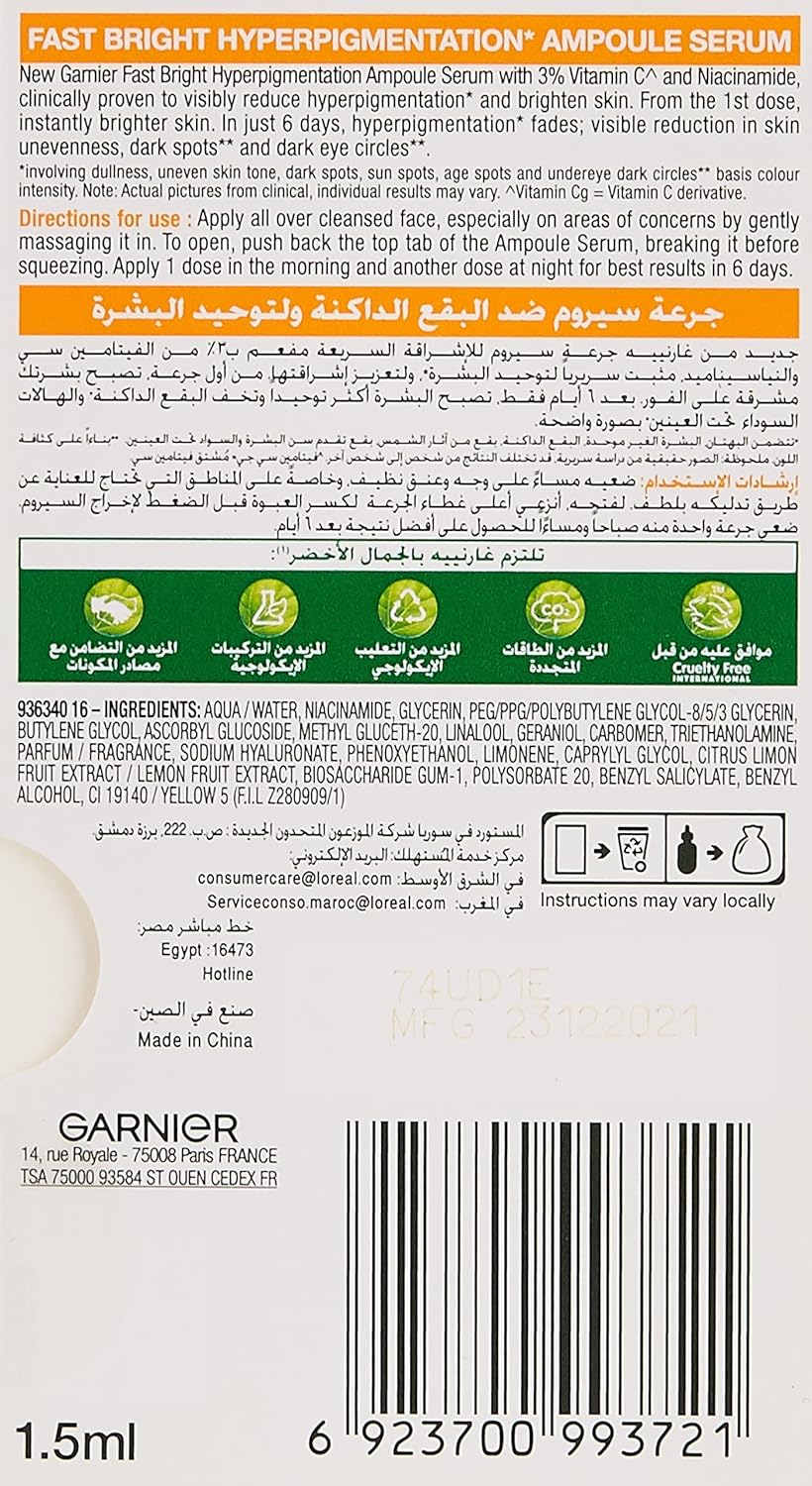 Garnier Fast Bright Vitamin C Brightening Ampoules For Dark Circles, Multipack, Hyperpigmentation Ampoules 3% Vitamin C & Niacinamide (12 X 1.5ml)