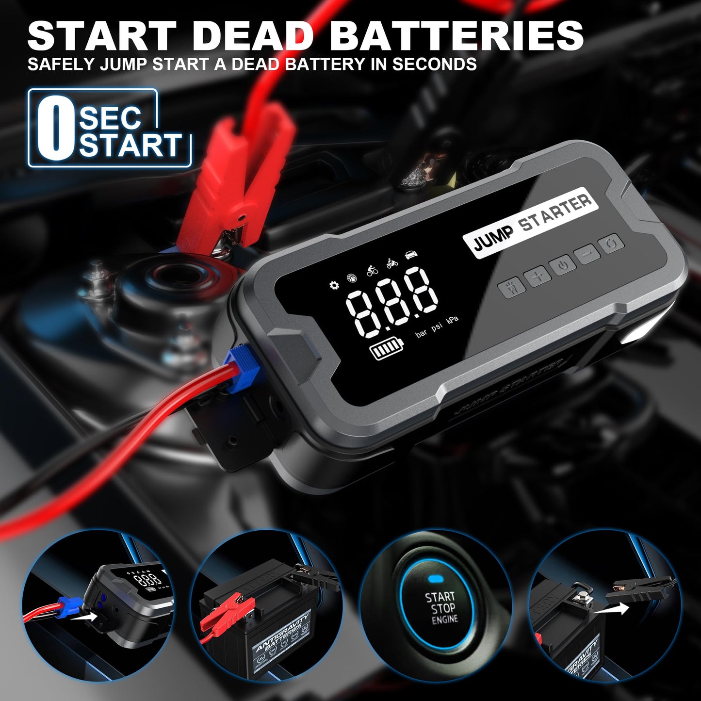 Generic Portable Car Jump Starter with Air Compressor, 4000A Peak Jump Starter Battery Pack (6.0 Gas/3.0L Diesel), Safe Car 12V Emergency Auto Jumper Box with Display, Emergency Light,USB Port