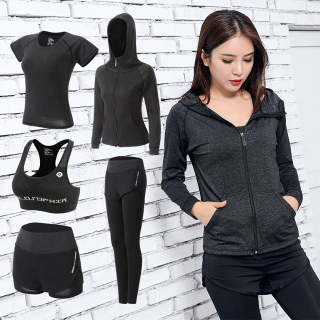 Women Yoga Sport Suit quick Dry Bra Set 5 Piece Female Short-sleeved shorts long pants Outdoor Sportswear Fitness suit