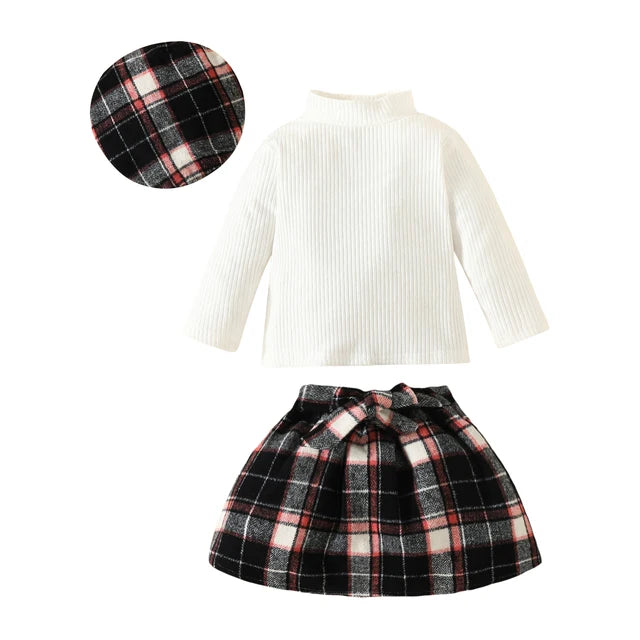 Baby Girls Clothes Sets Knit Long Sleeve Tops Plaid Skrits Hat Fall Spring Outfits
