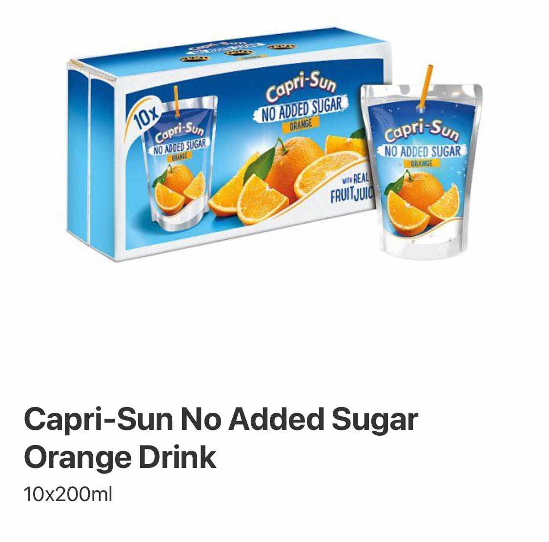 Capri-sun No added Sugar orange drink. 10x200ml