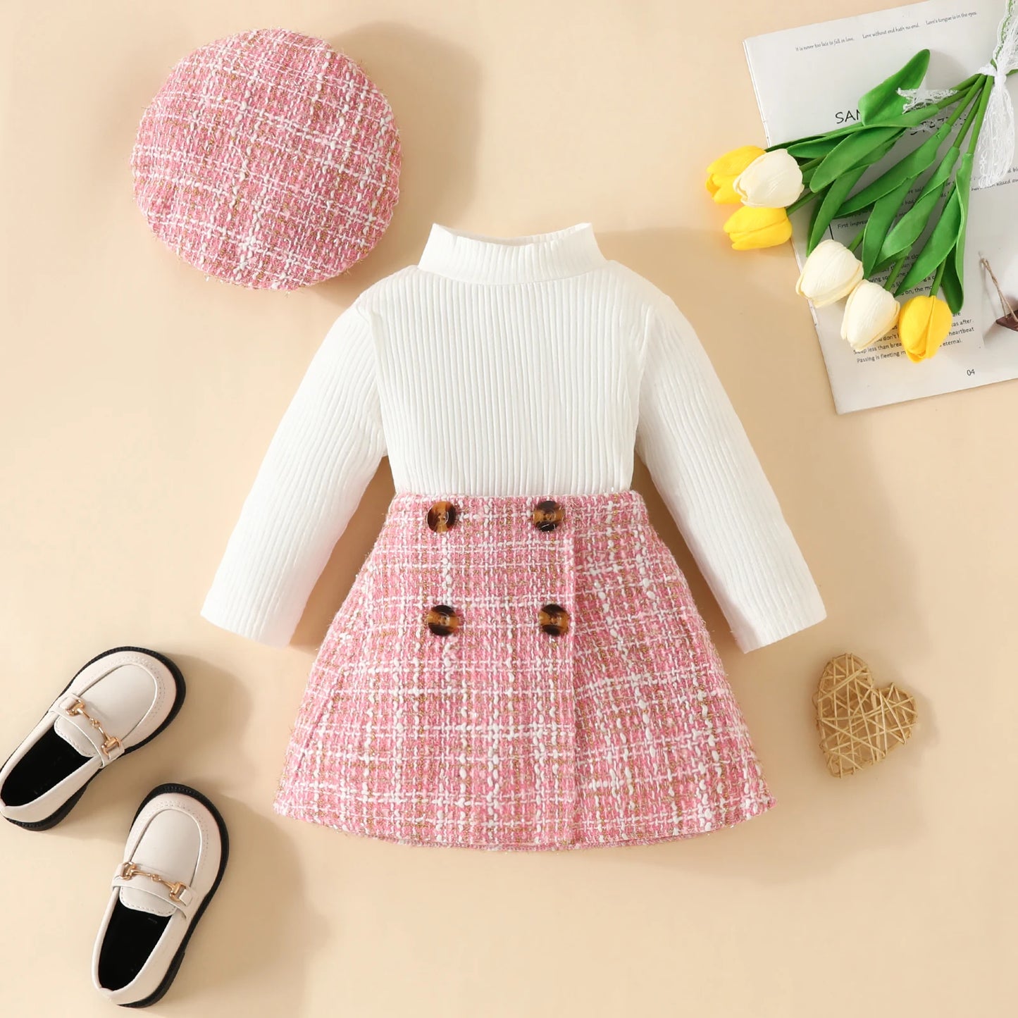 Baby Girls Clothes Sets Knit Long Sleeve Tops Plaid Skrits Hat Fall Spring Outfits