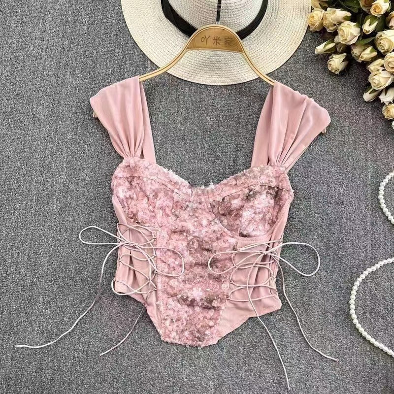 Sweet and Spicy Girl Sexy Lace Bra with Inner Strap, Self Padded Chest, Fish Bone Strap Top, Slim Fit Tank Top
