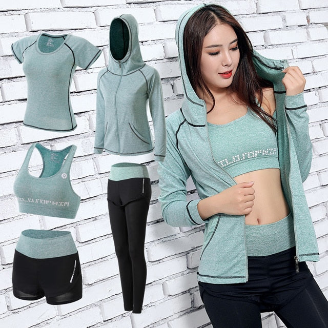 Women Yoga Sport Suit quick Dry Bra Set 5 Piece Female Short-sleeved shorts long pants Outdoor Sportswear Fitness suit