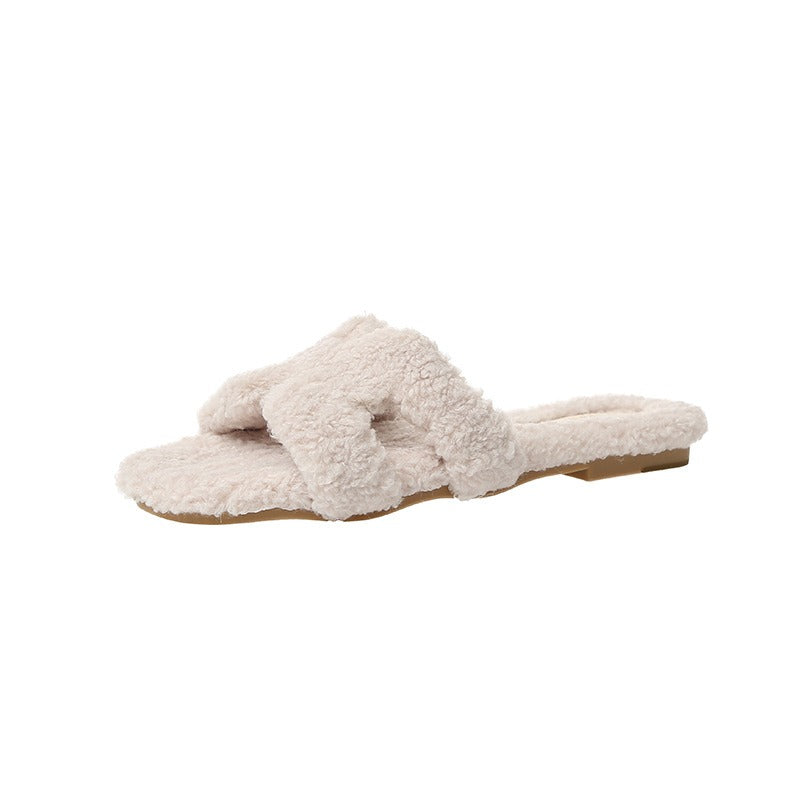 Wearing 7 colors lamb fur slippers for external wear women's H-shaped suede one line drag