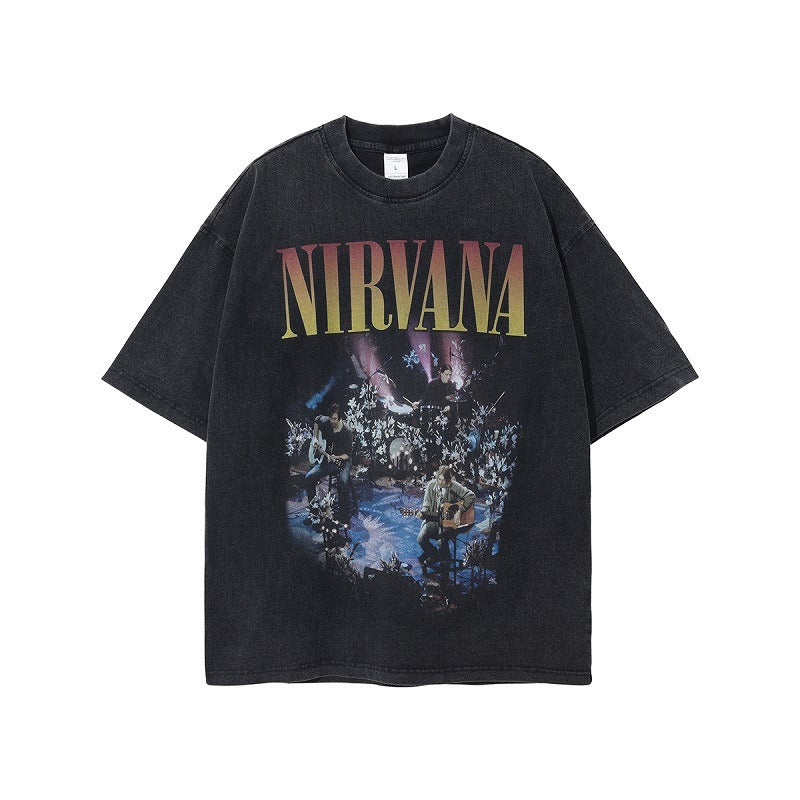 Retro washed and distressed band printed T-shirt for men and women couple Oversize short sleeved