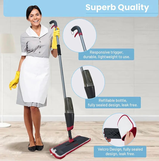 Spray mop with washable microfiber pads.