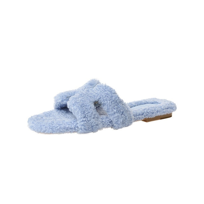 Wearing 7 colors lamb fur slippers for external wear women's H-shaped suede one line drag