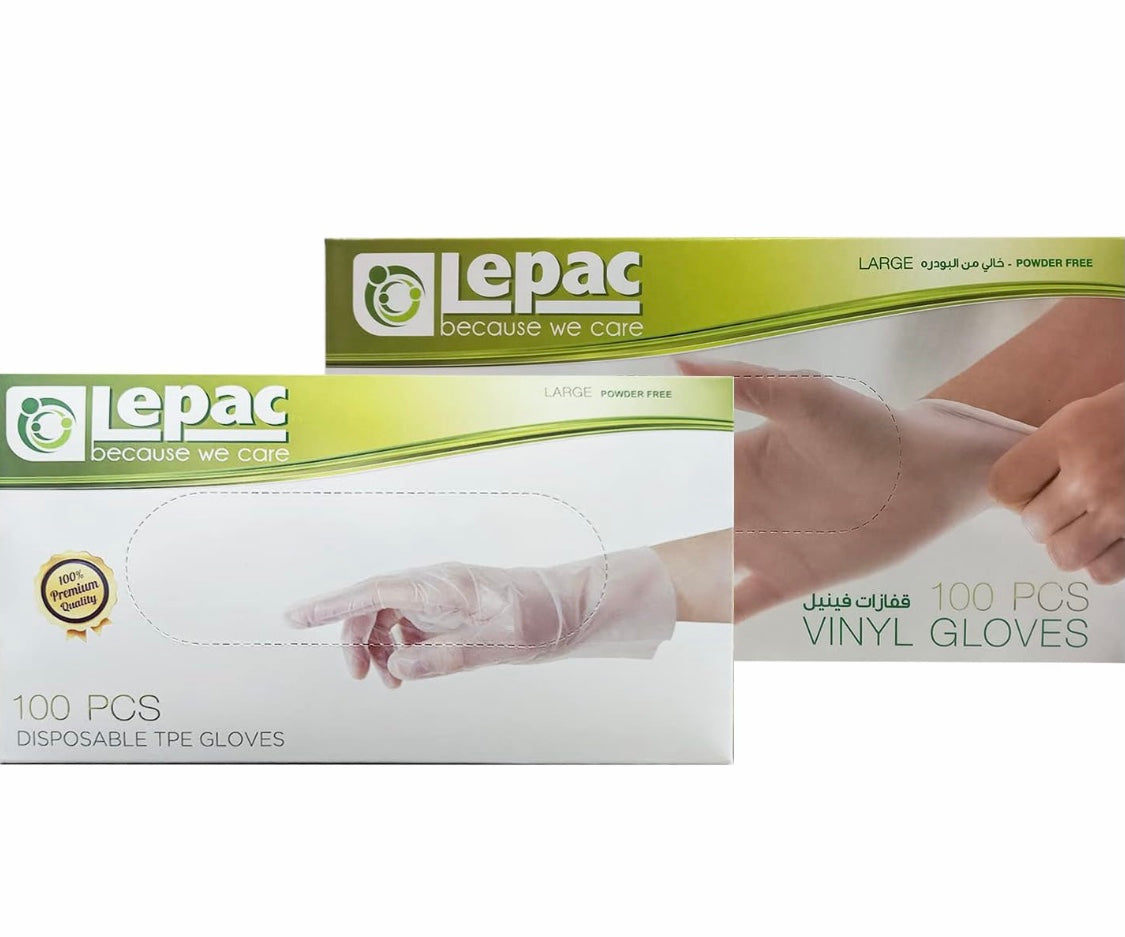 LEPAC VINYL 100PC + TPE GLOVES 100PC Large Size, Powder Free, Protection, Sensitive Skin or Allergies