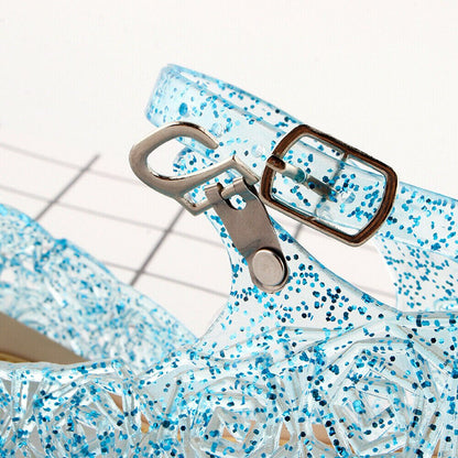 New Kids Girls Crystal Jelly Sandals Princess Blue Cosplay Party Dance Shoes