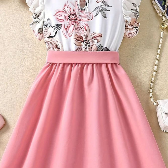 Girls' Flower Print Lace Dress