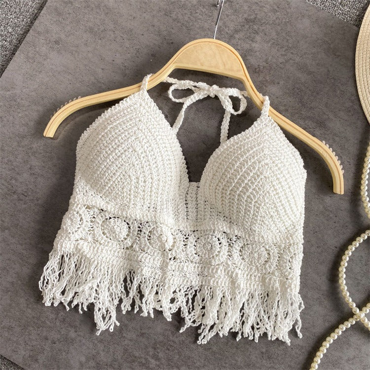 Hanging Neck Small Tank Top with Inner Strap and Chest Pad Open Back Hollow Bra Embroidered Tank Top Women's Short Top
