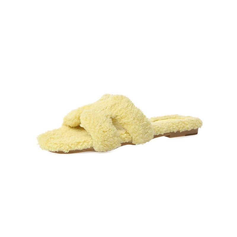 Wearing 7 colors lamb fur slippers for external wear women's H-shaped suede one line drag