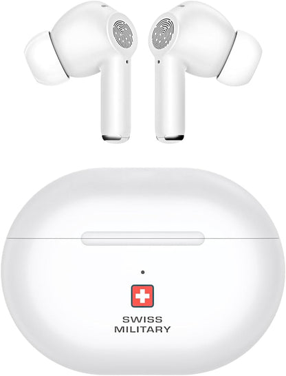 Swiss Military Delta5 Active Noise Cancelling Earbuds with ENC & Transparency Mode, Smart Touch Sensors, 300Hr Standby & 5Hr Music Time, Seamless Connectivity, Works with Android/iOS Phones- White