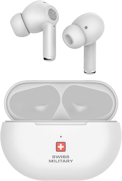 Swiss Military Delta5 Active Noise Cancelling Earbuds with ENC & Transparency Mode, Smart Touch Sensors, 300Hr Standby & 5Hr Music Time, Seamless Connectivity, Works with Android/iOS Phones- White