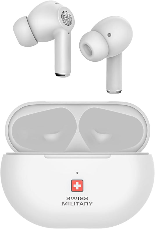 Swiss Military Delta5 Active Noise Cancelling Earbuds with ENC & Transparency Mode, Smart Touch Sensors, 300Hr Standby & 5Hr Music Time, Seamless Connectivity, Works with Android/iOS Phones- White