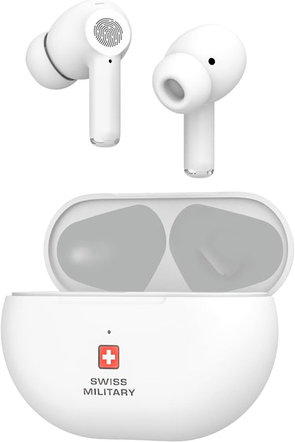 Swiss Military Delta5 Active Noise Cancelling Earbuds with ENC & Transparency Mode, Smart Touch Sensors, 300Hr Standby & 5Hr Music Time, Seamless Connectivity, Works with Android/iOS Phones- White