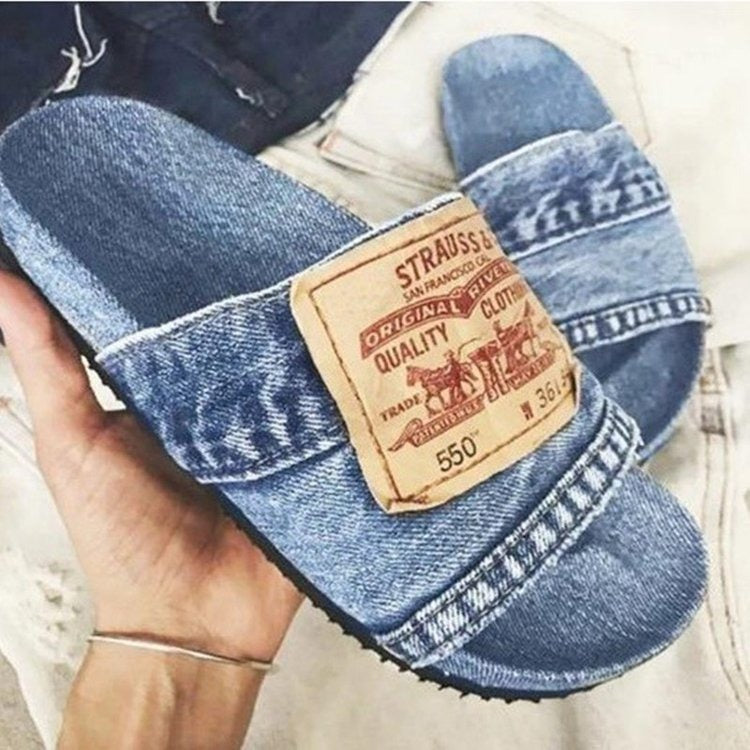 New Trendy Shoes, Summer Fashion Thick Sole, One word Matsuke, Cowboy Letter Cool Slippers for Women