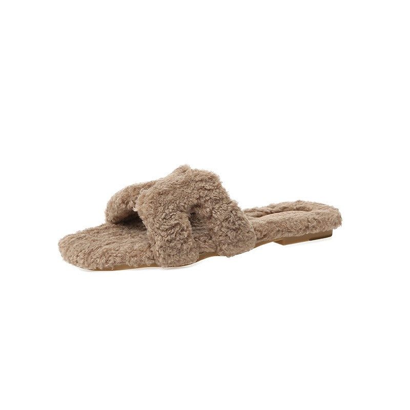 Wearing 7 colors lamb fur slippers for external wear women's H-shaped suede one line drag