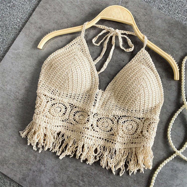 Hanging Neck Small Tank Top with Inner Strap and Chest Pad Open Back Hollow Bra Embroidered Tank Top Women's Short Top