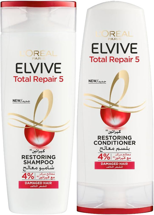 L’Oréal Paris Elvive Total Repair 5 Repairing Shampoo 400ml + Conditioner 400ml For Damaged Hair & Split Ends