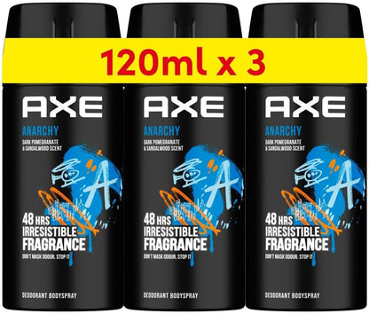Axe Mini Men Deodorant Body Spray, Anarchy, 48 hours of irresistible fragrance, 120ml x 3