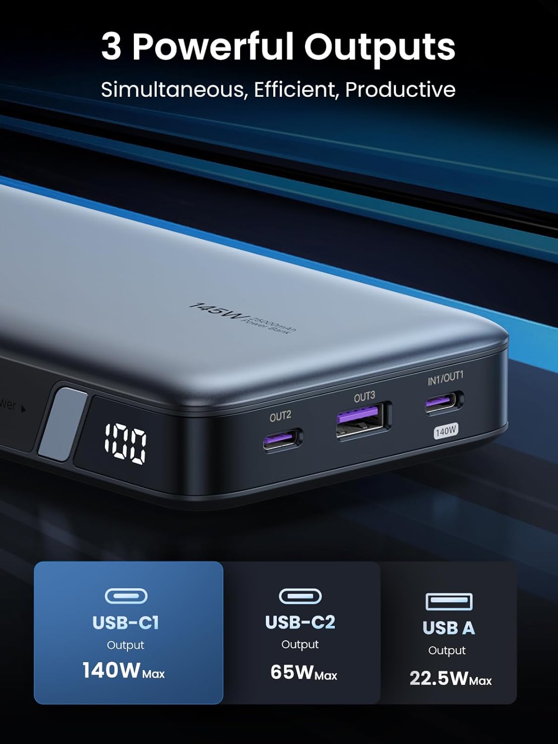 UGREEN Power Bank 20000mAh, 100W Fast Charging Portable Charger, Laptop Charger Portable with 2 USB-C and 1 USB-A Port, Battery Pack for MacBook, Dell, iPhone 16-12 Series, Samsung S25U, iPad, AirPods