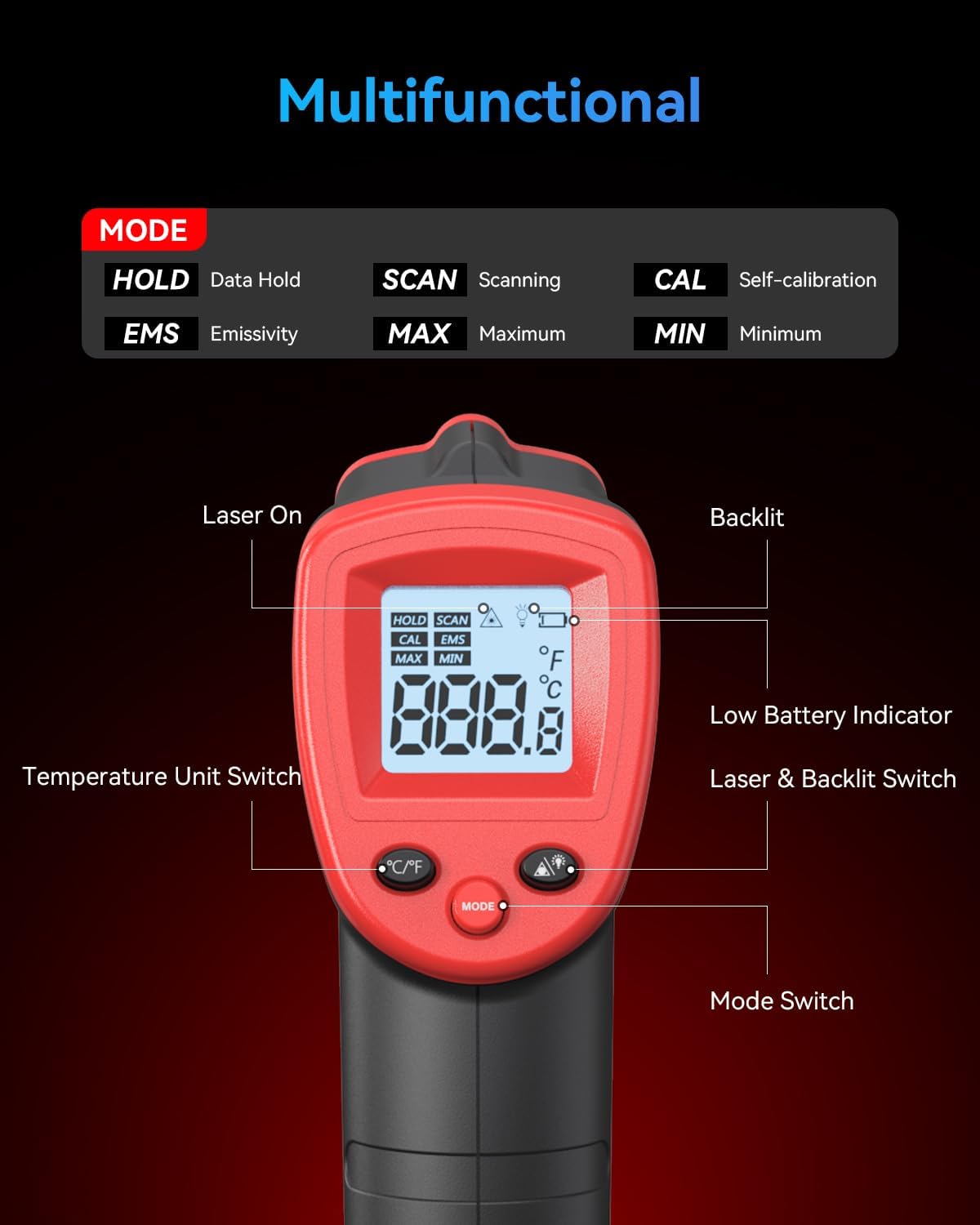 Wintact Infrared Thermometer Gun, Digital Laser Surface Thermometer, Heat Temperature Gun for Kitchen Cooking Food Meat, Pizza Oven, Griddle Accessories, HVAC, Grill, Pool, Engine, -50℃ to 530℃