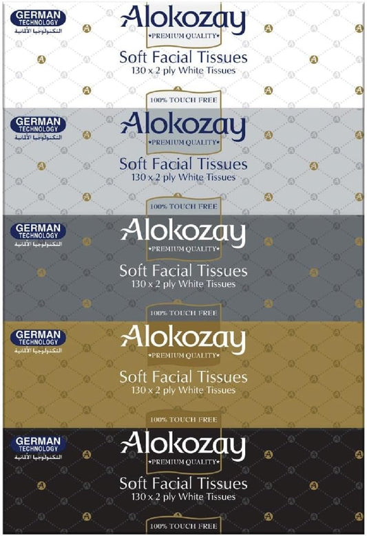 Alokozay Soft Facial Tissues, 130 Sheets x 2 Ply White Tissues, Pack of 5 Boxes