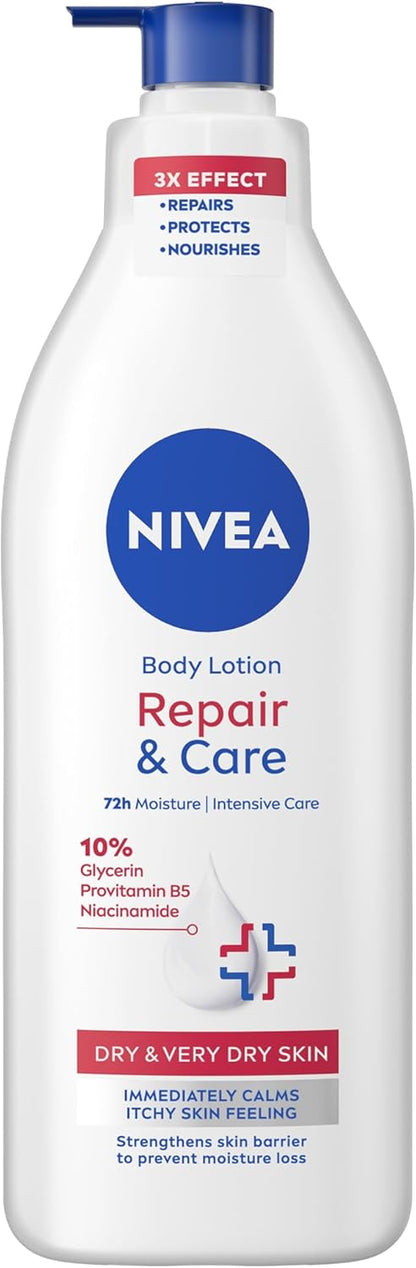 NIVEA Body Lotion for Very Dry Skin, Repair & Care, with Deep Moisture Serum and Dexpanthenol, 72H Relief from Dry & Tight Skin, 400ml (Packaging May Vary)