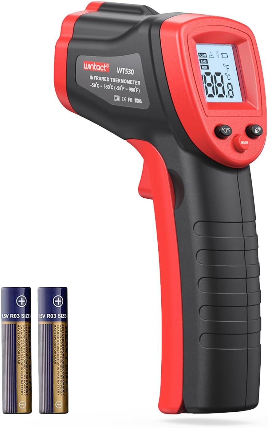 Wintact Infrared Thermometer Gun, Digital Laser Surface Thermometer, Heat Temperature Gun for Kitchen Cooking Food Meat, Pizza Oven, Griddle Accessories, HVAC, Grill, Pool, Engine, -50℃ to 530℃