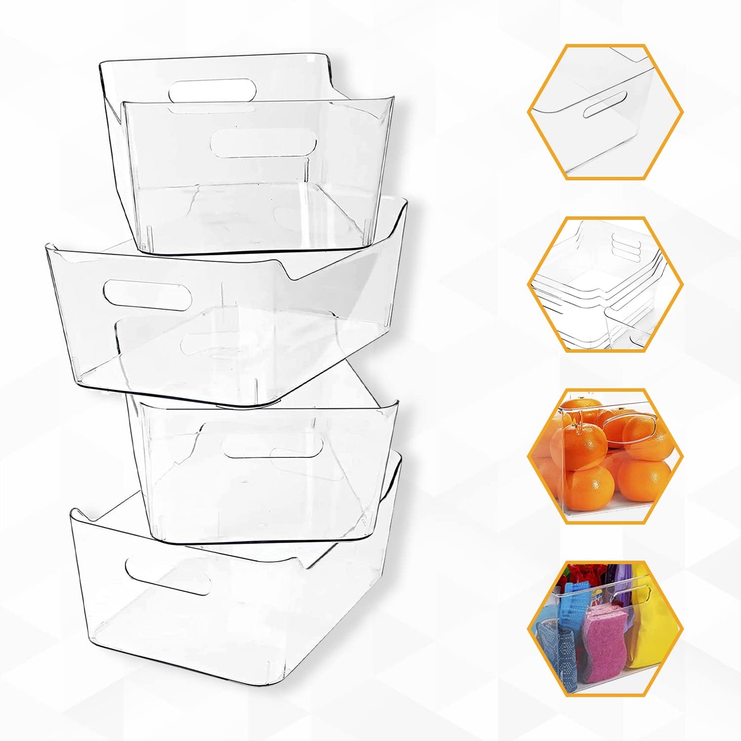 Genr 4pcs Refrigerator Organizer Bins (Large) - Food Storage Clear Bins With Handles - Clear Fridge Storage Bins For Fruit And Vegetable Storage, Freezer, Cabinet Kitchen Organizer تخزين منظم